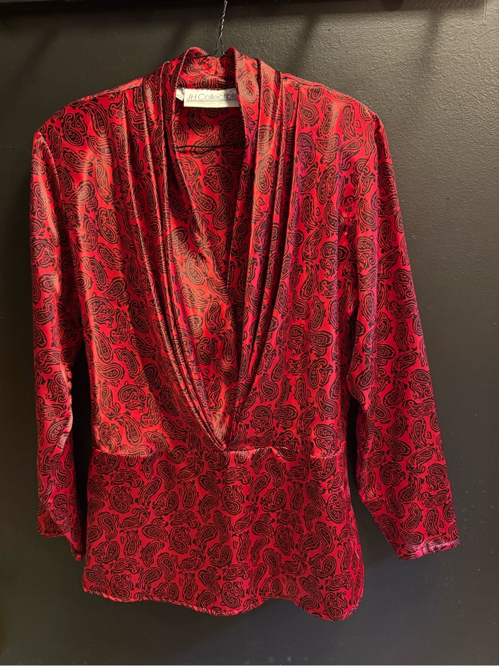 1980s Red and Black Paisley Vtg Draped Satin Blouse by JH Collectibles